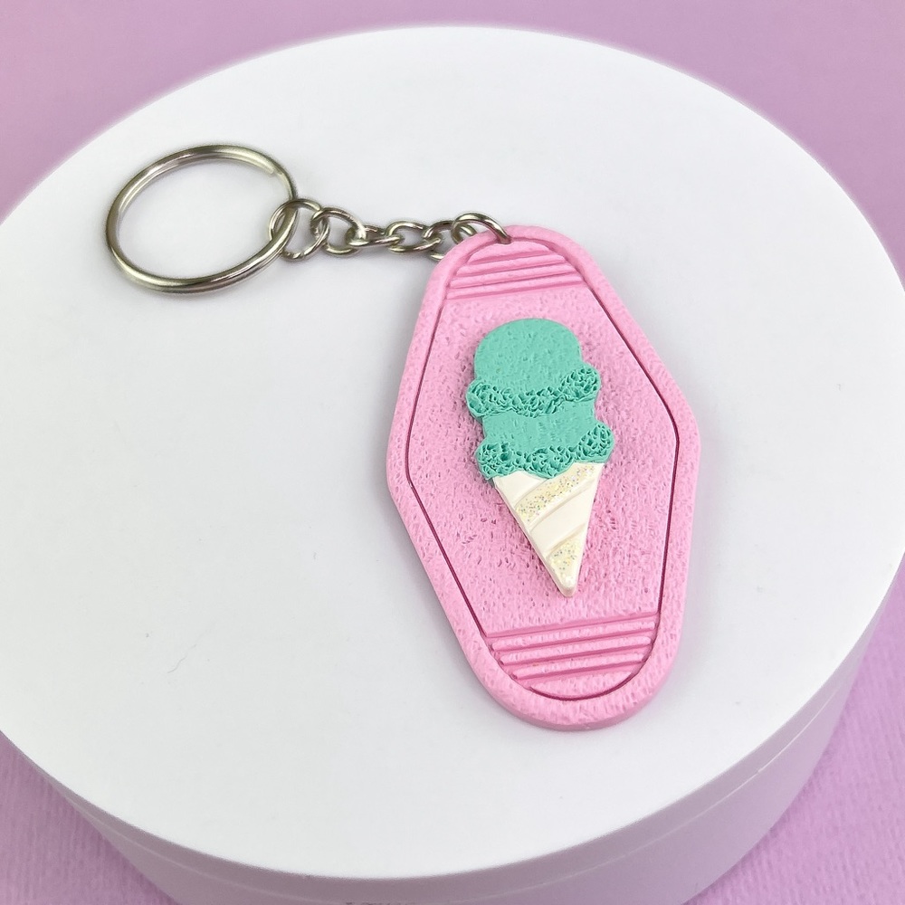 Ice Cream Cone Handmade Polymer Clay Pink Hotel Style Key Chain
